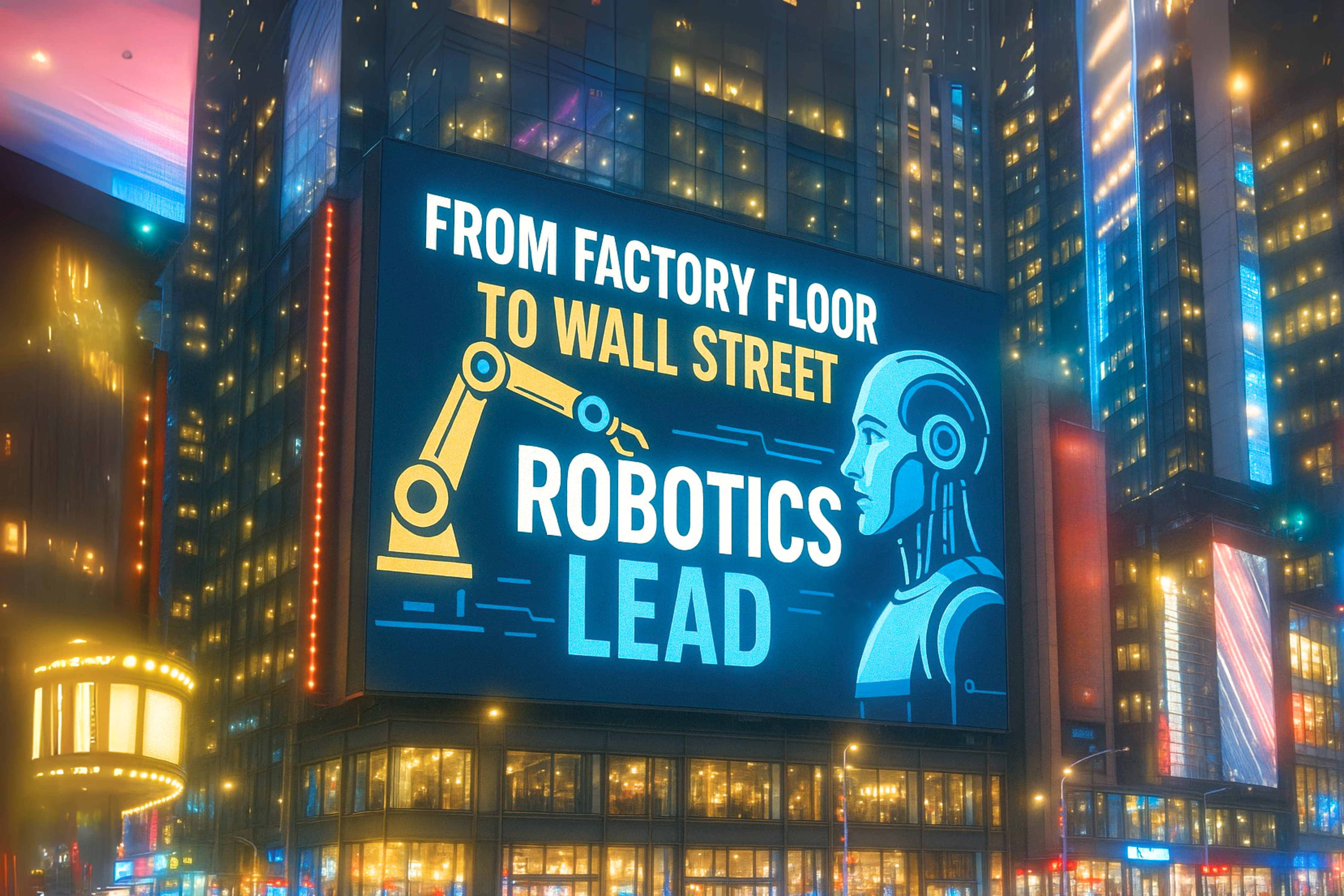From Factory Floor to Wall Street: Robotics Lead - Times Square-style bright LED ad - This image is an original composition by MarketBeat using licensed and editorial elements. Not for redistribution or reuse.