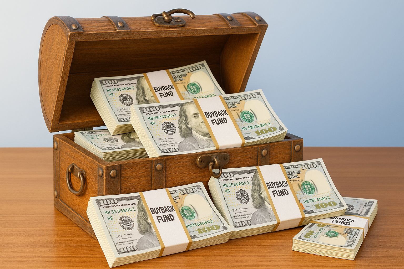 Buyback Fund stacks of bills in treasure chest - This image is an original composition by MarketBeat using licensed and editorial elements. Not for redistribution or reuse.