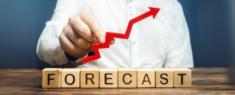 Man holds red arrow up over word Forecast.