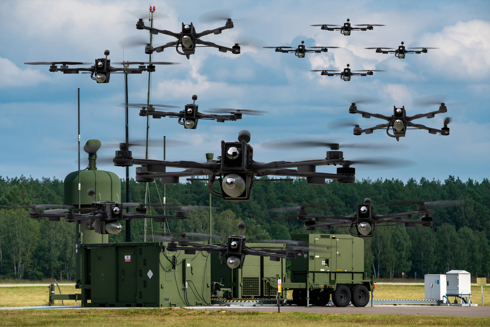Swarm of combat drones and command systems — Photo