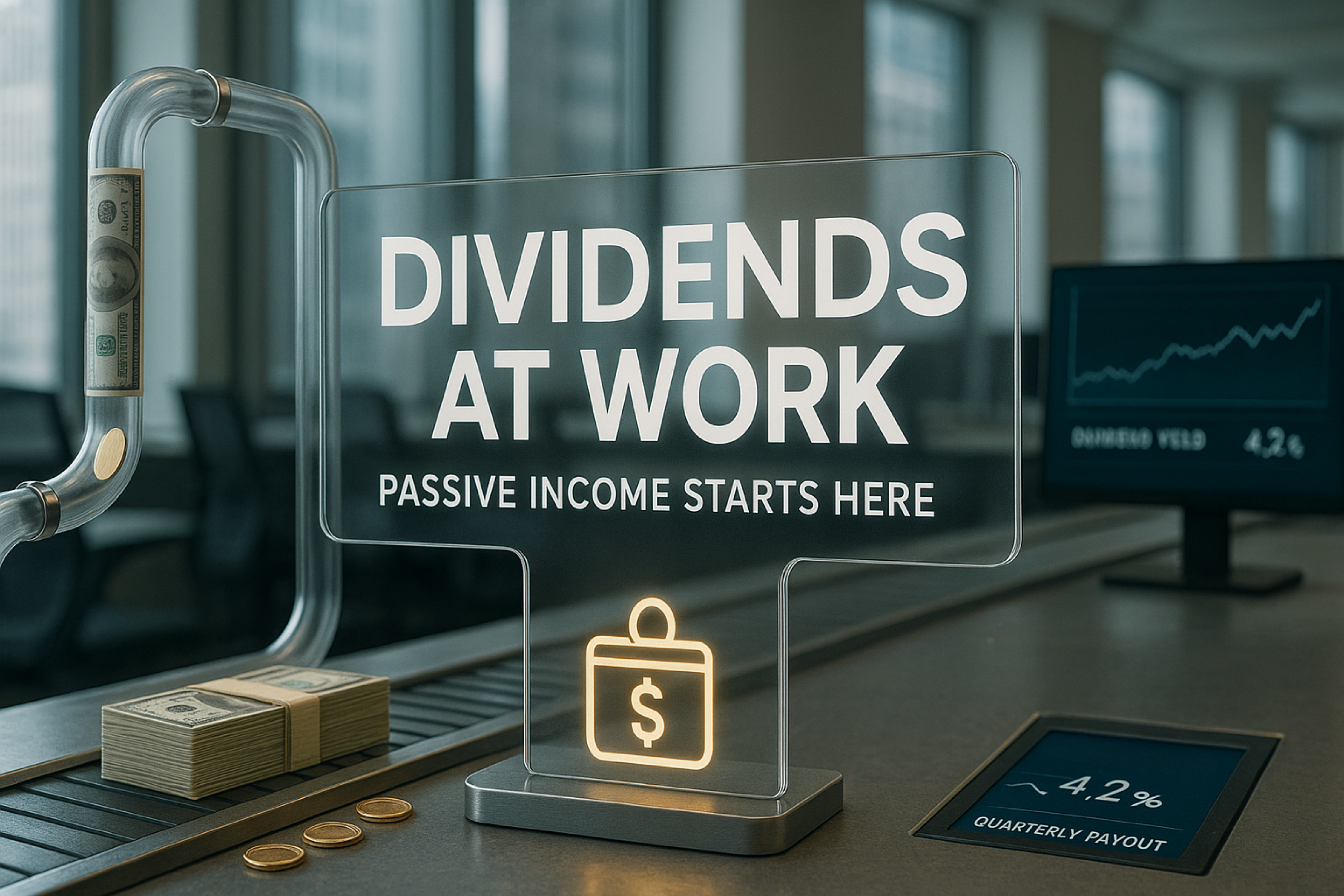 A clear acrylic or holographic sign that reads: "Dividends at Work" - This image is an original composition by MarketBeat using licensed and editorial elements. Not for redistribution or reuse.