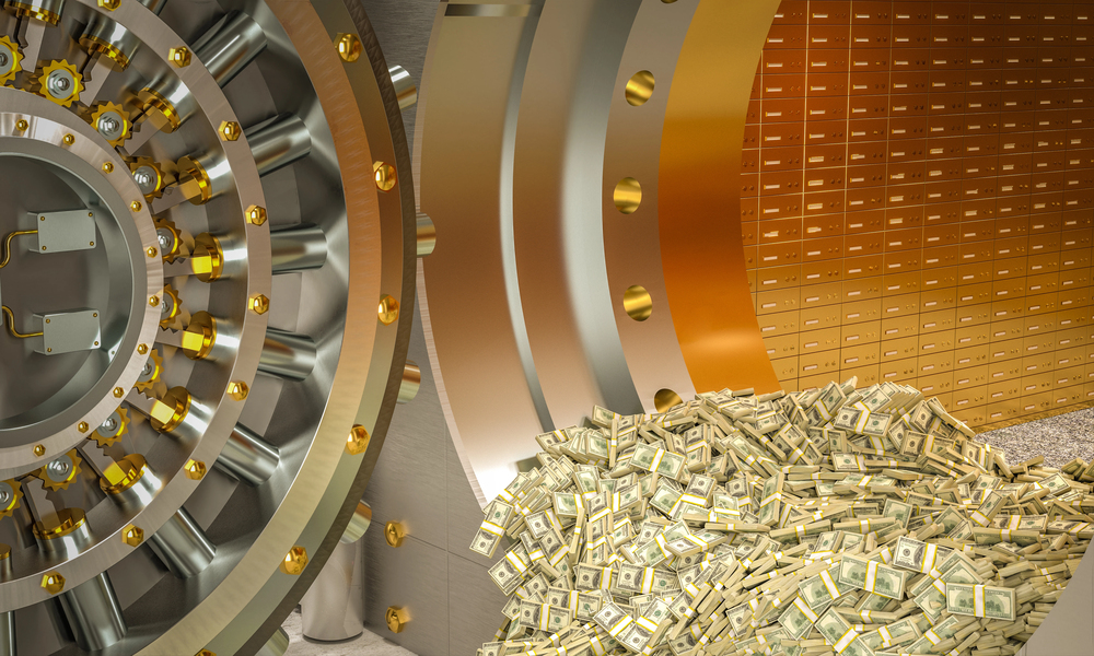 Bank vault from which wads of dollars come out. 3d render - stock image