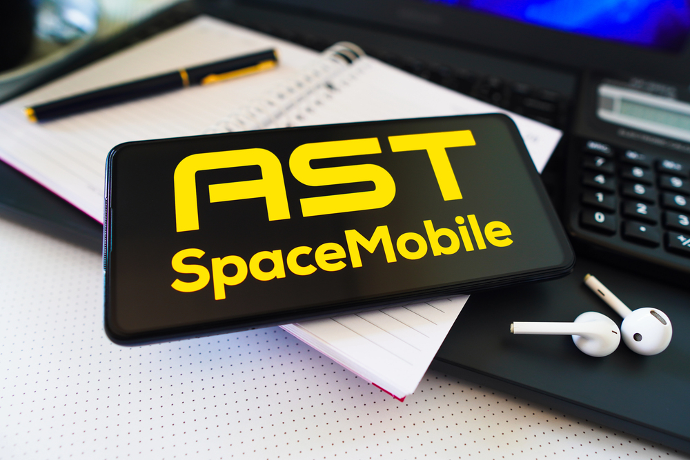 the ast spacemobile logo is displayed on a smartphone screen