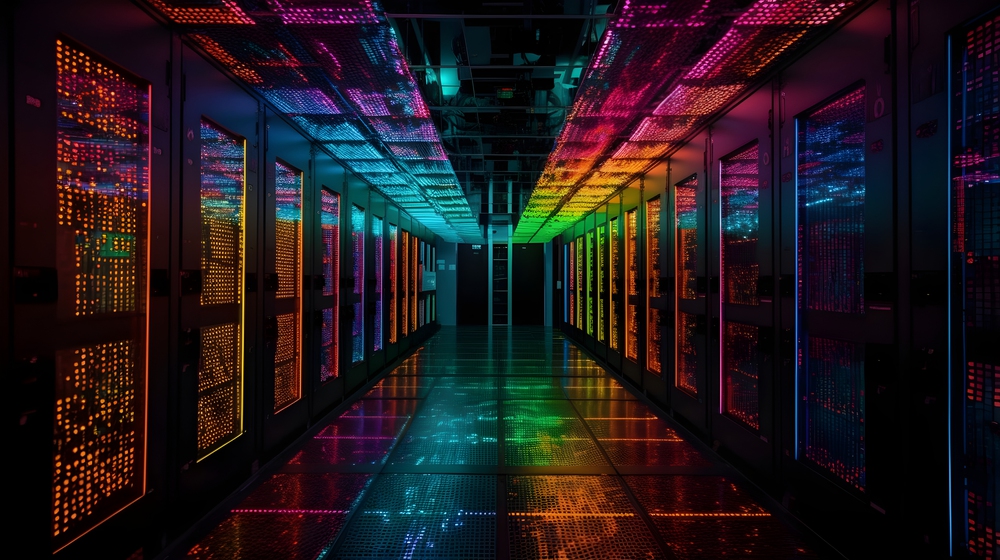 Dark colorful data center or server room rack and lot of data light indicator. Information technology, cyberspace data collection, networking database station.