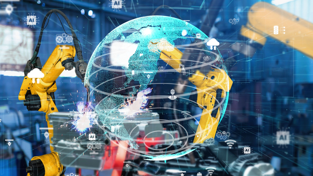Smart industry robot arms modernization for digital factory tech — Photo