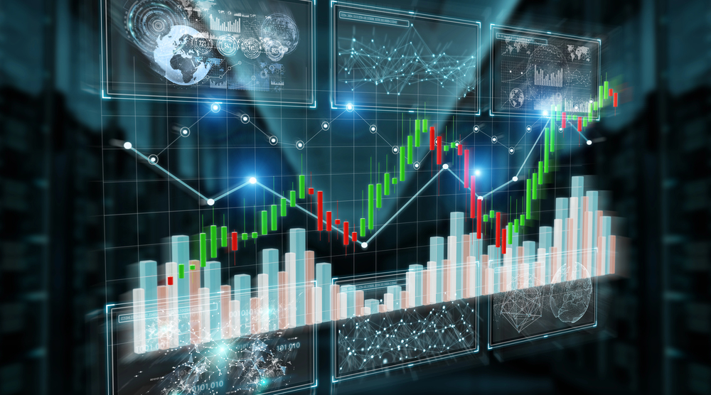 3D rendering stock exchange datas and charts illustration on blue background - stock image