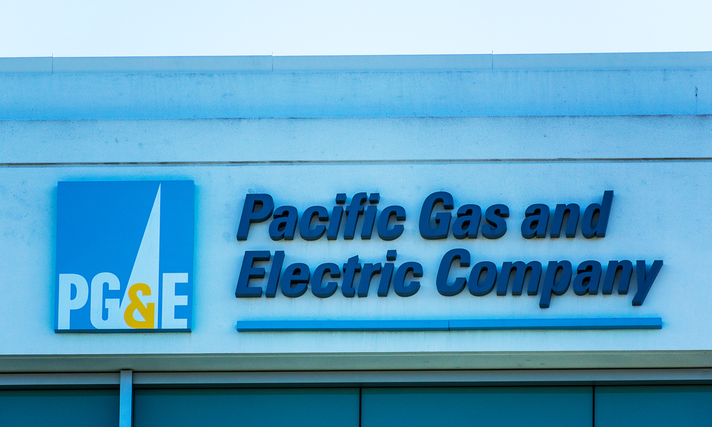 PGE, Pacific Gas and Electric, sign atop company office in San Francisco Bay Area - California, USA