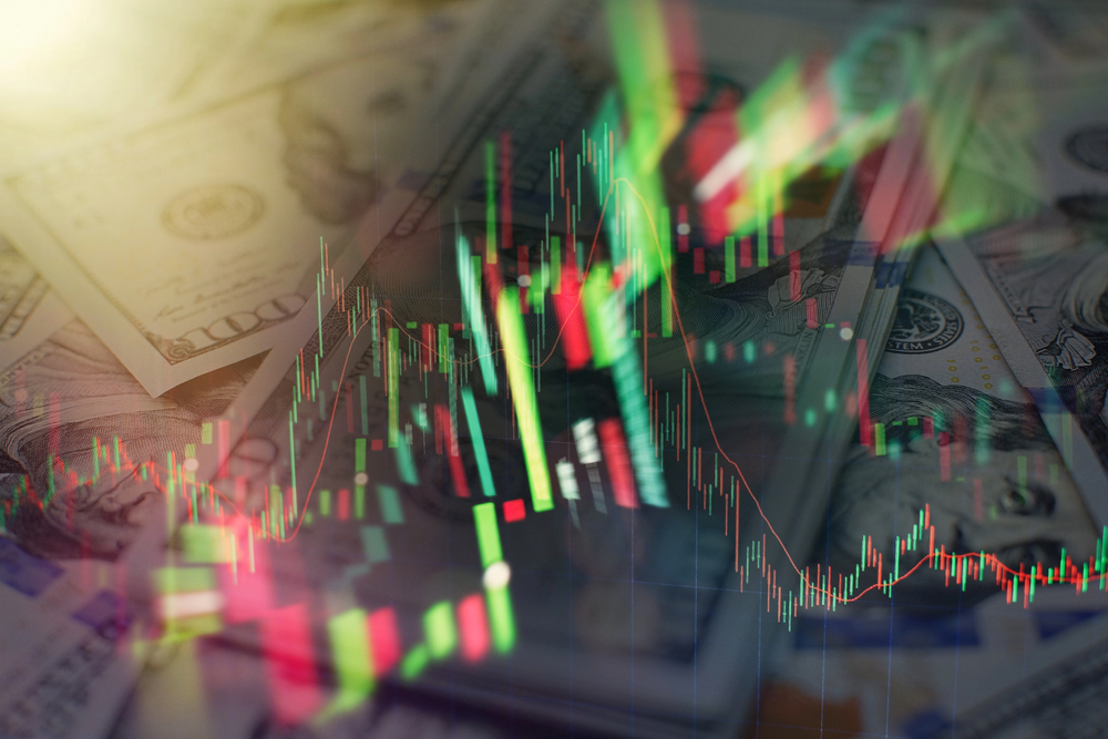Financial candlestick chart with line graph and stock numbers on gradient blue color background - stock image