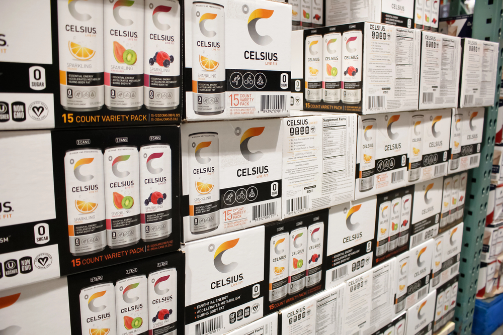 Los Angeles, California, United States - 10-25-2021: A view of several cases of Celsius energy drinks, on display at a local big box grocery store. — Stock Editorial Photography