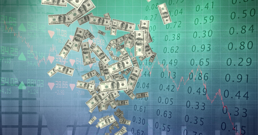 Composition of american dollar bills falling over financial data processing on green background. global business, finances and data processing concept digitally generated image. - stock image
