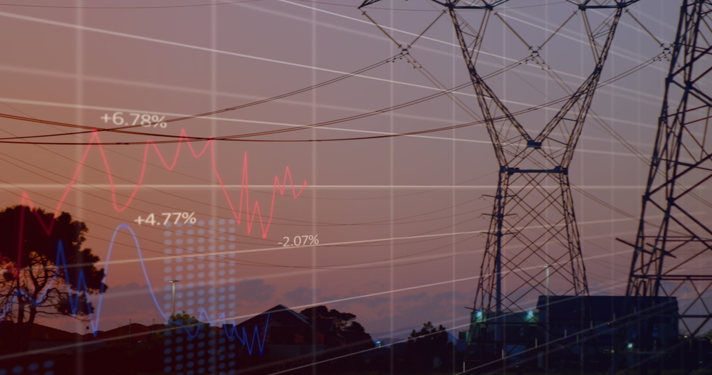Image of data processing over pylons. Global business and digital interface concept digitally generated image. — Photo