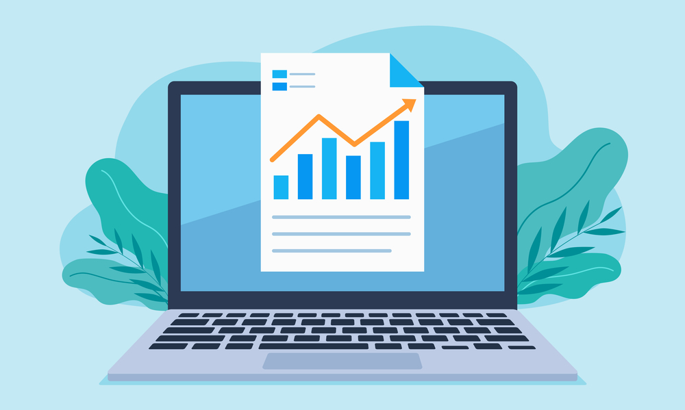 Document graphics with line chart and data. The graph is ascending. There is an orange arrow above the graph. The document is on the laptop screen. Flat design vector.