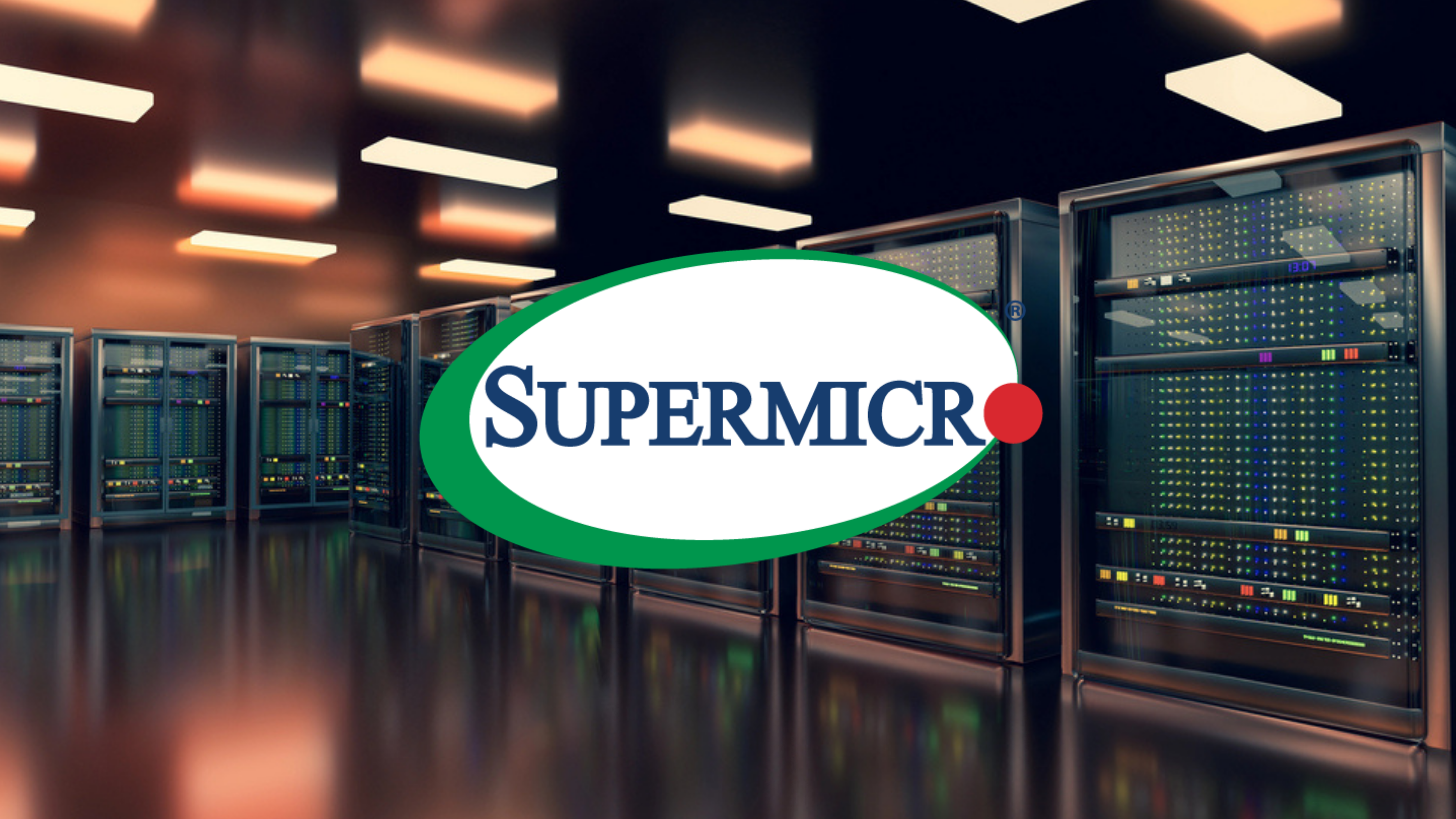Super Micro Computer logo over data center stacks