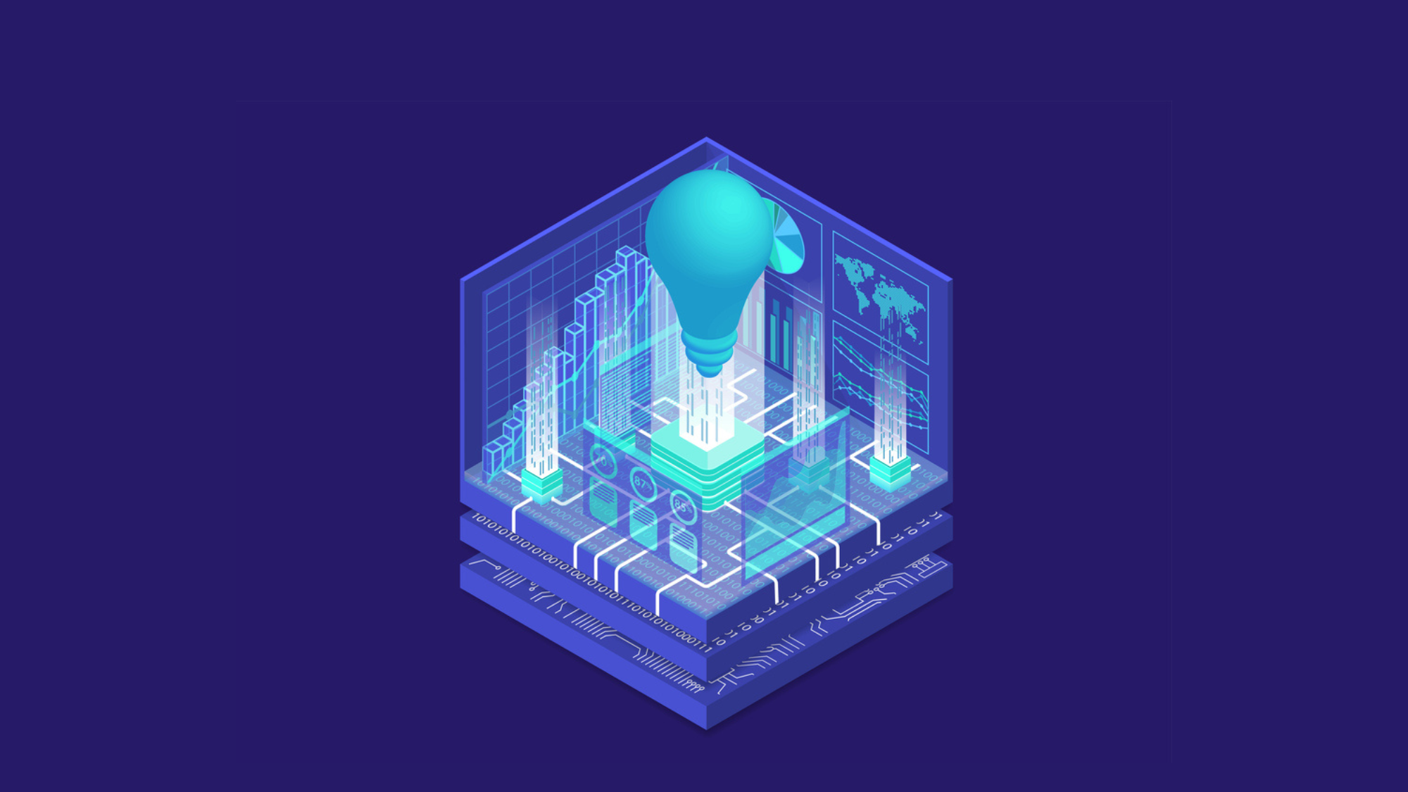 Disruptor concept photo semiconductor with lightbulb, purples and blues