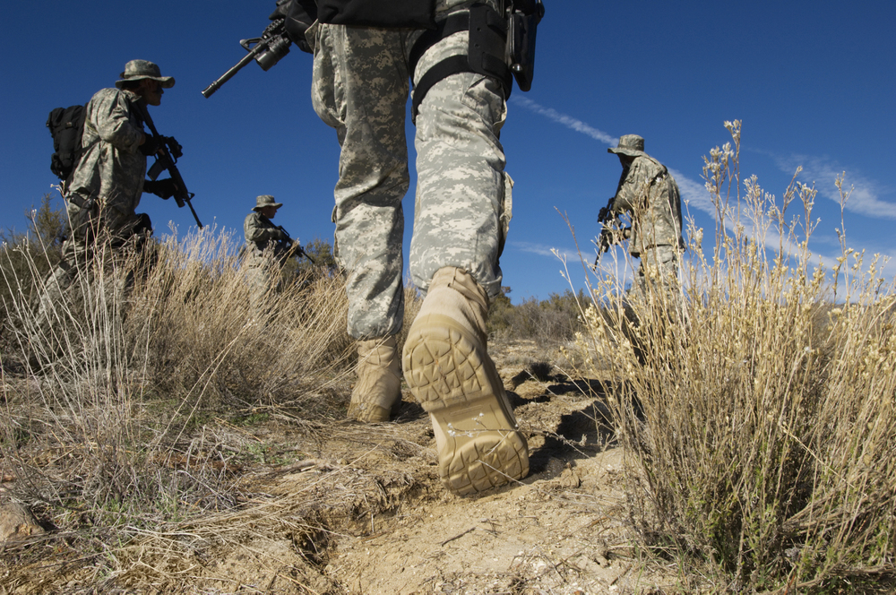 Low angle view of military soldiers on a mission together