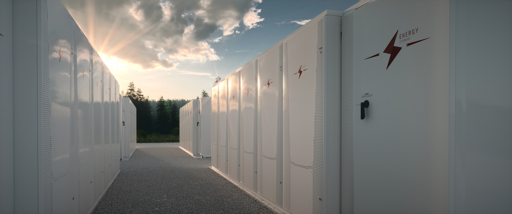 Concept of renewable energy battery storage system in nature. 3d rendering