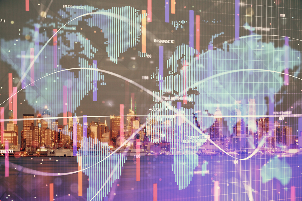 Double exposure of business theme hologram drawing and city veiw background. Concept of success.