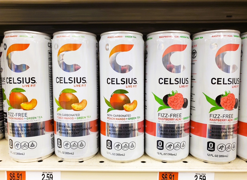 Celcius Live Fit energy drink with different flavors of peach mango, green tea and raspberry acai