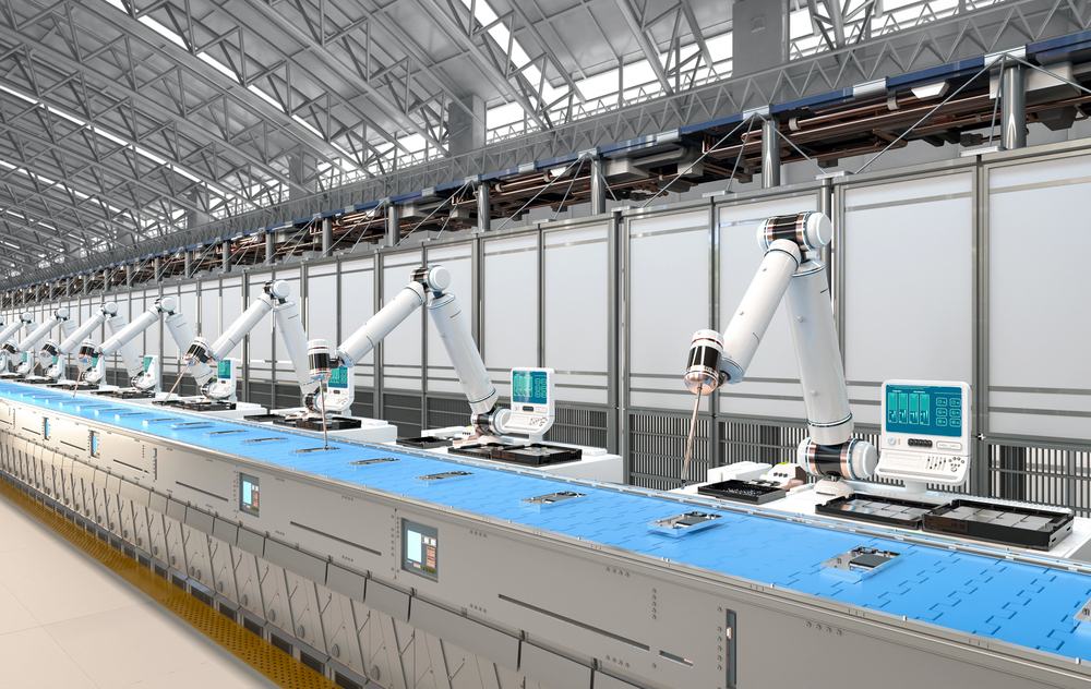 3d rendering robot assembly line with smartphone in factory