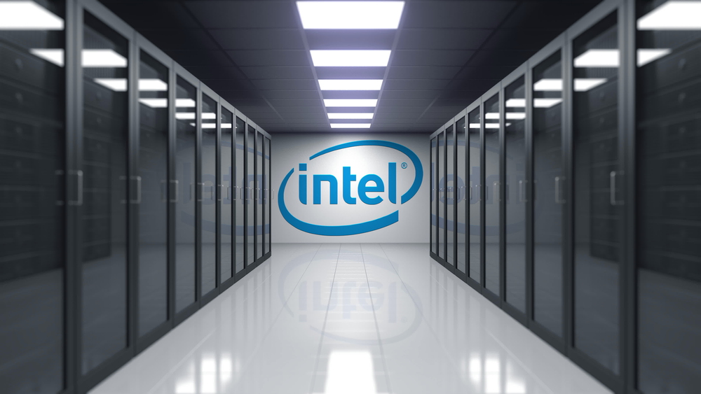 Intel Corporation logo on the wall of the server room. 