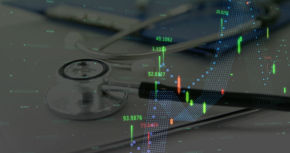 Featuring stethoscope resting on office desk, with laptop keys, candlestick overlays and trend line. Medical, finance, technology, analysis, data, healthtech, professional — Photo