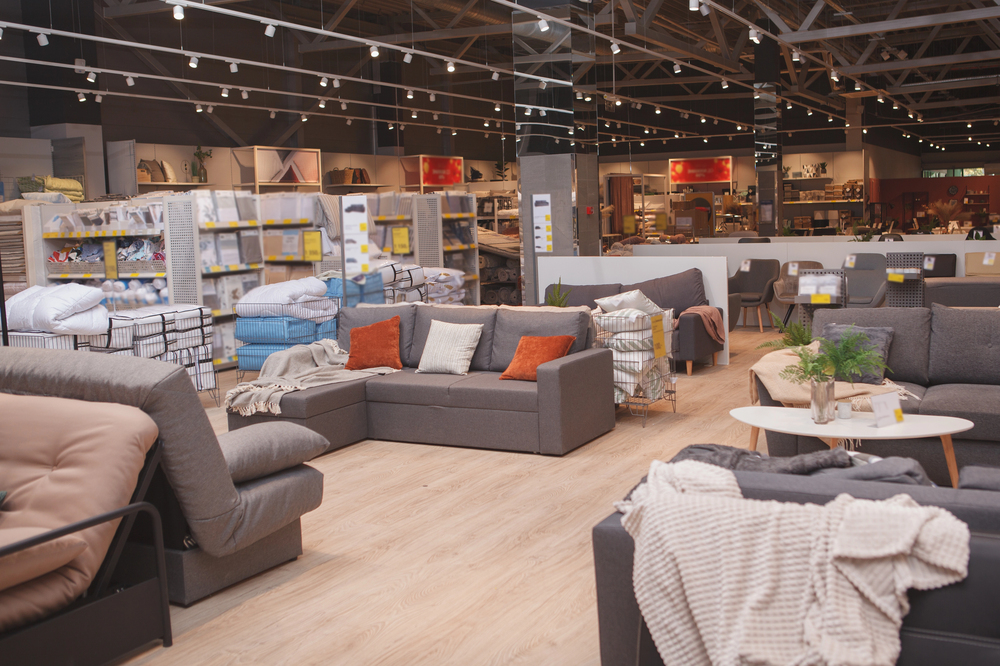 Furniture store with sofas and couches on display for sale, copy space — Photo