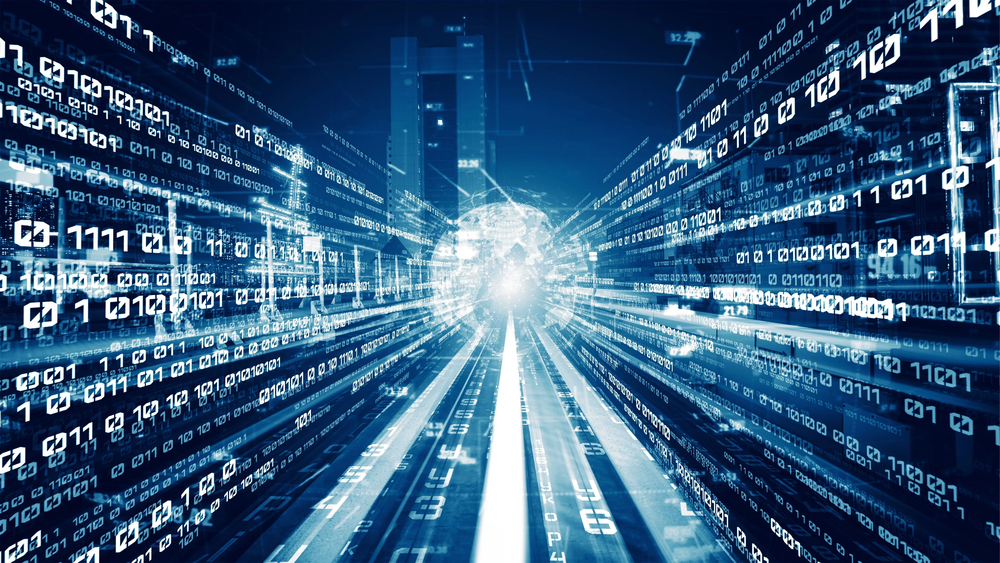 Digital data flow on road in concept of cyber global communication and coding — Photo