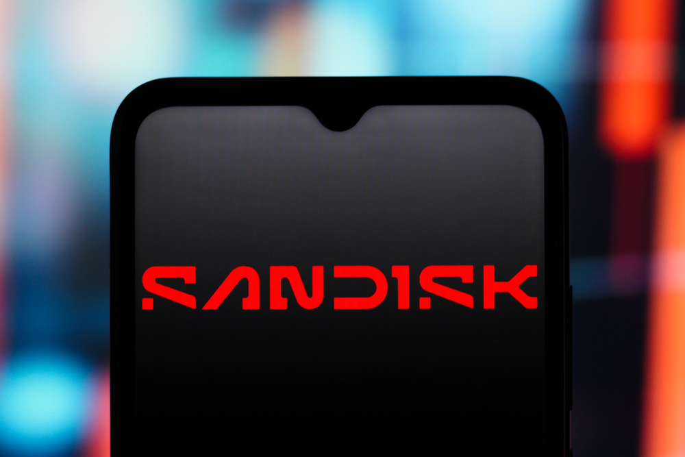  the sandisk corporation (san disk) logo is seen displayed on a smartphone screen
