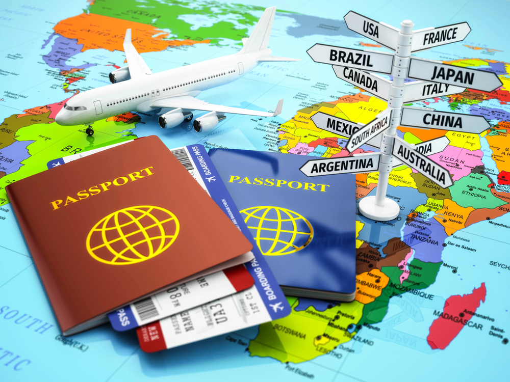 Travel or tourism concept. Passport, airplane, air tickets