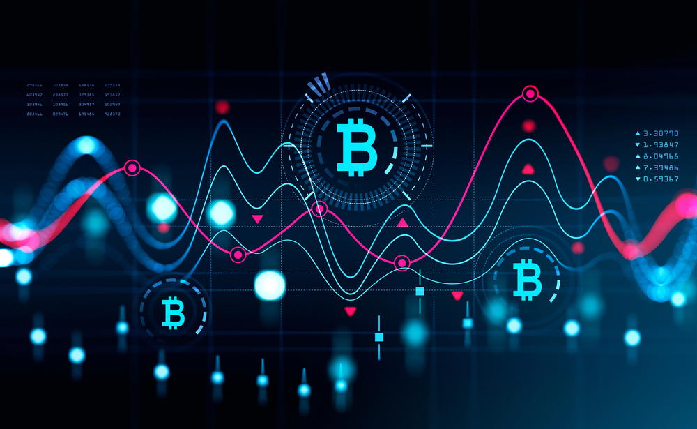 Cryptocurrency hologram with data and graphs, bitcoin icon. Candlesticks and numbers with rising and falling dynamics. Concept of internet banking. 3D rendering — Photo