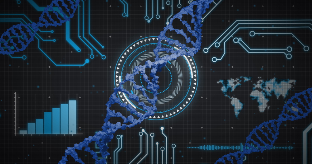 Image of dna strand over data processing. Global business and digital interface concept digitally generated image.