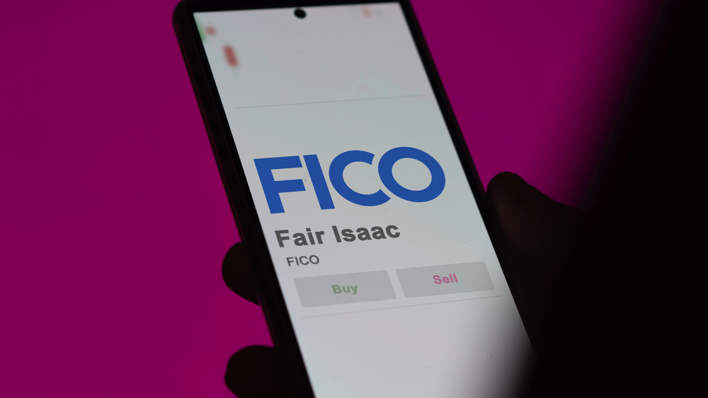 lose up on logo of fair isaac on the screen of an exchange. fair isaac price stocks, $fico on a device.