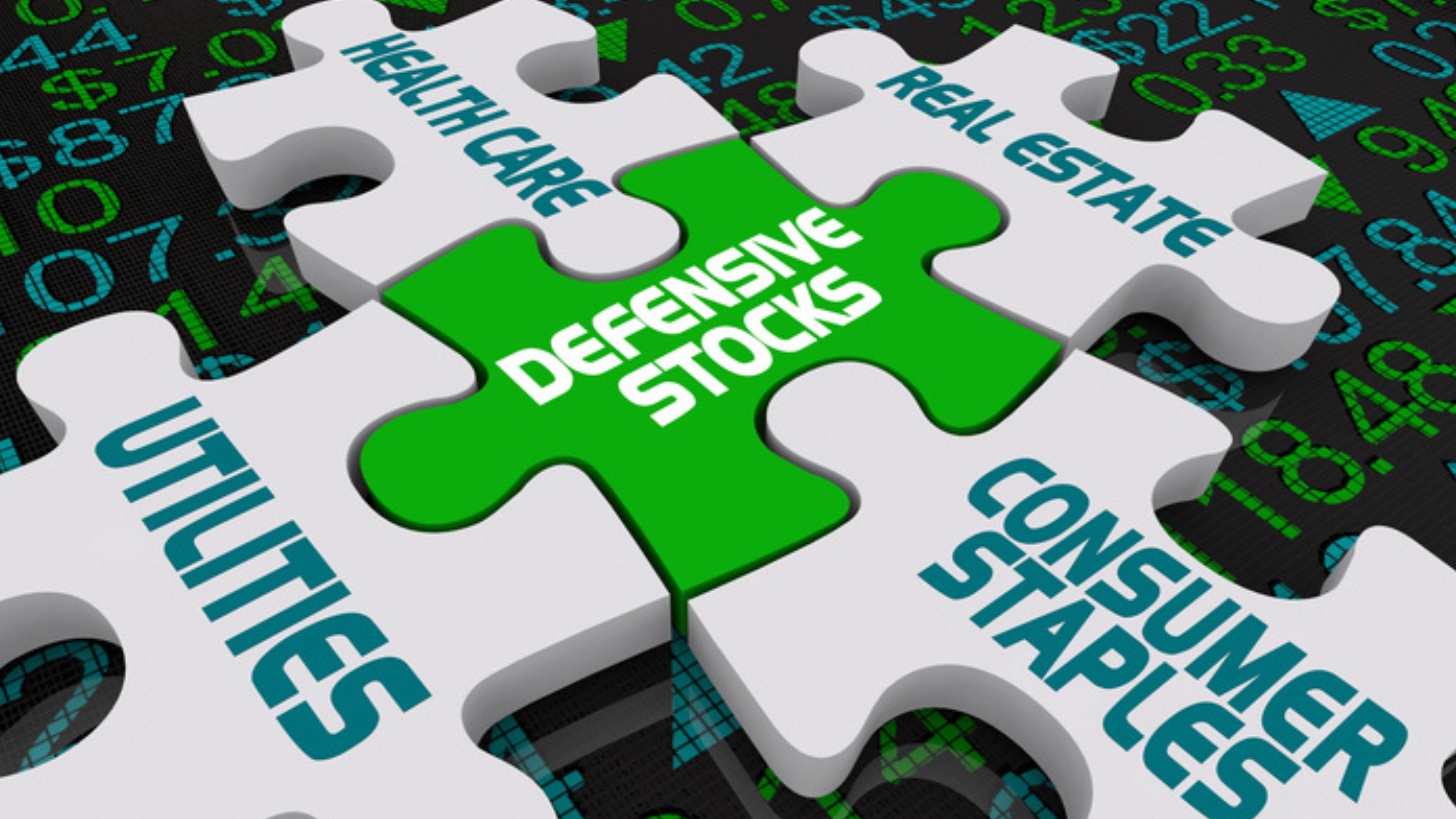 Defensive Stocks Puzzle Utilities Health Care Consumer Staples 3d Illustration