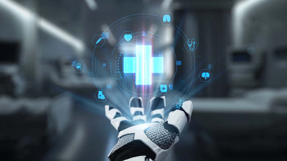 Close up of robot hand open palm of hand with medical cross hologram floating. Hand showing medical cross holographic while accessing and connecting with medical data to diagnosis symptom. Salubrious.