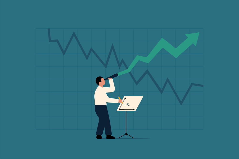 Forward Looking Growth Analysis. Businessman  with Telescope and Chart. Vector Business Illustration