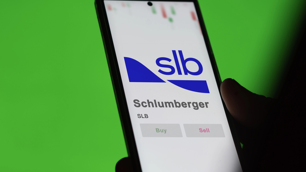 April 09th 2024 , Houston, Texas. Close up on logo of Schlumberger on the screen of an exchange. Schlumberger price stocks, $SLB on a device.