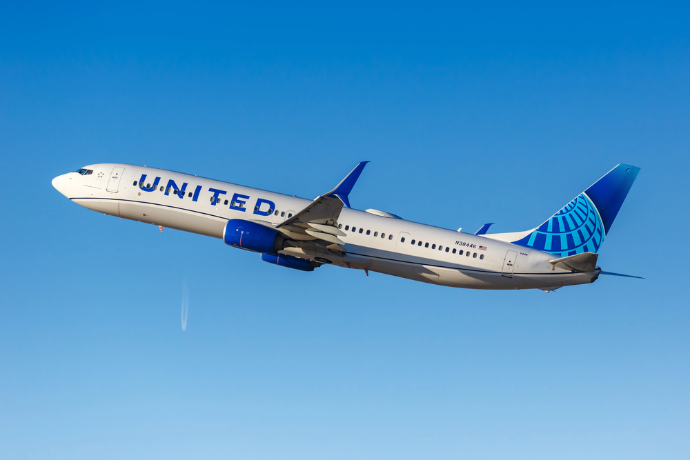 United Airlines plane taking off in the sky