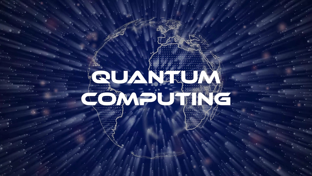 Quantum Computing text concept on si-fi particles background. Dot particles technological earth.