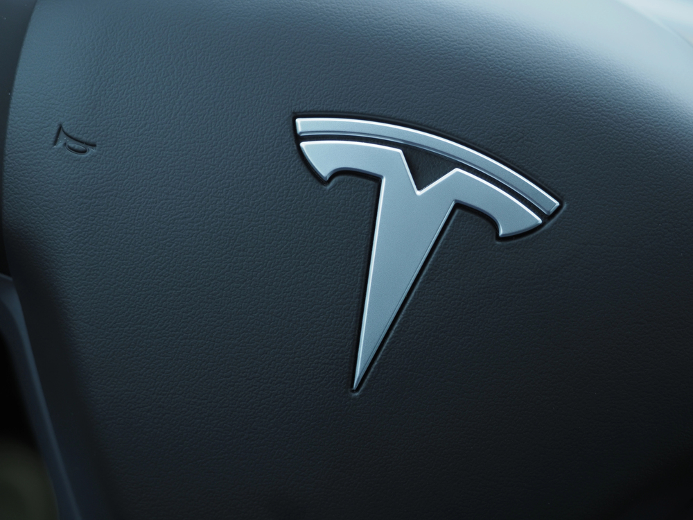 Tesla logo on steering wheel