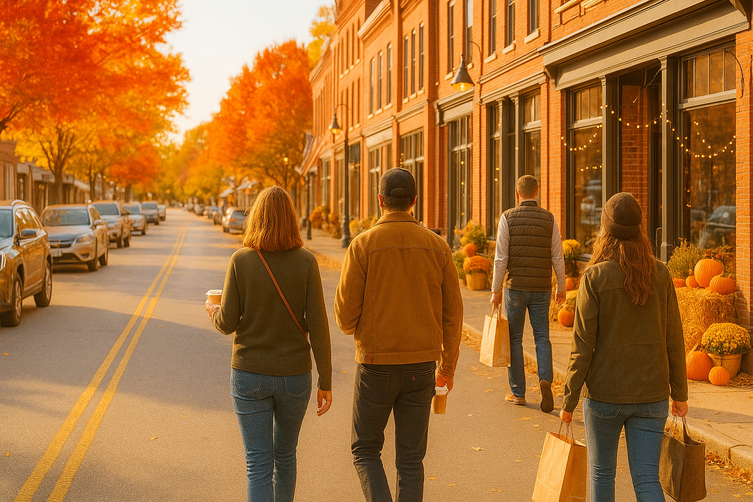 People walking along small-town main street in autumn at golden hour
