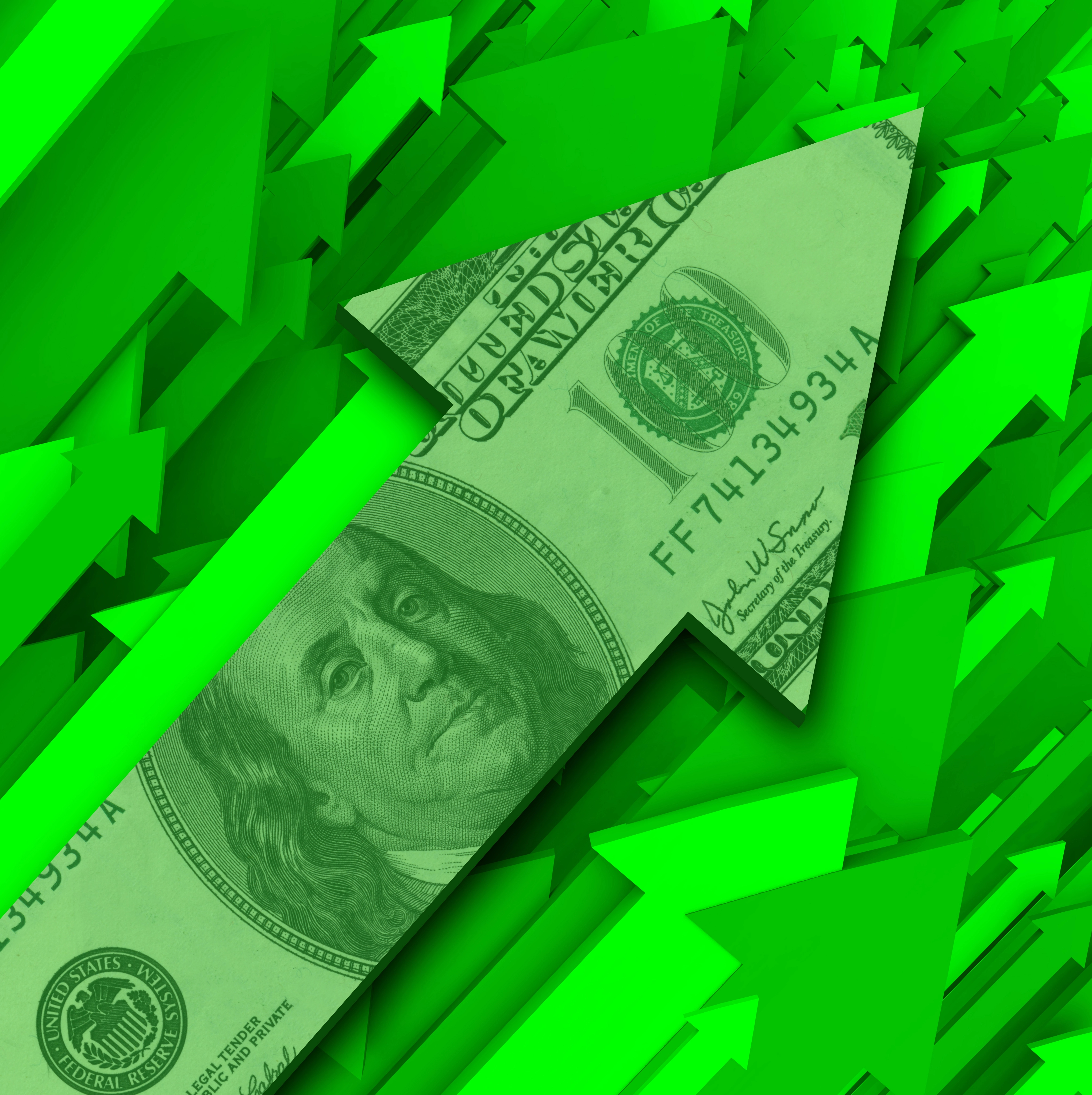 green money arrows pointing higher 