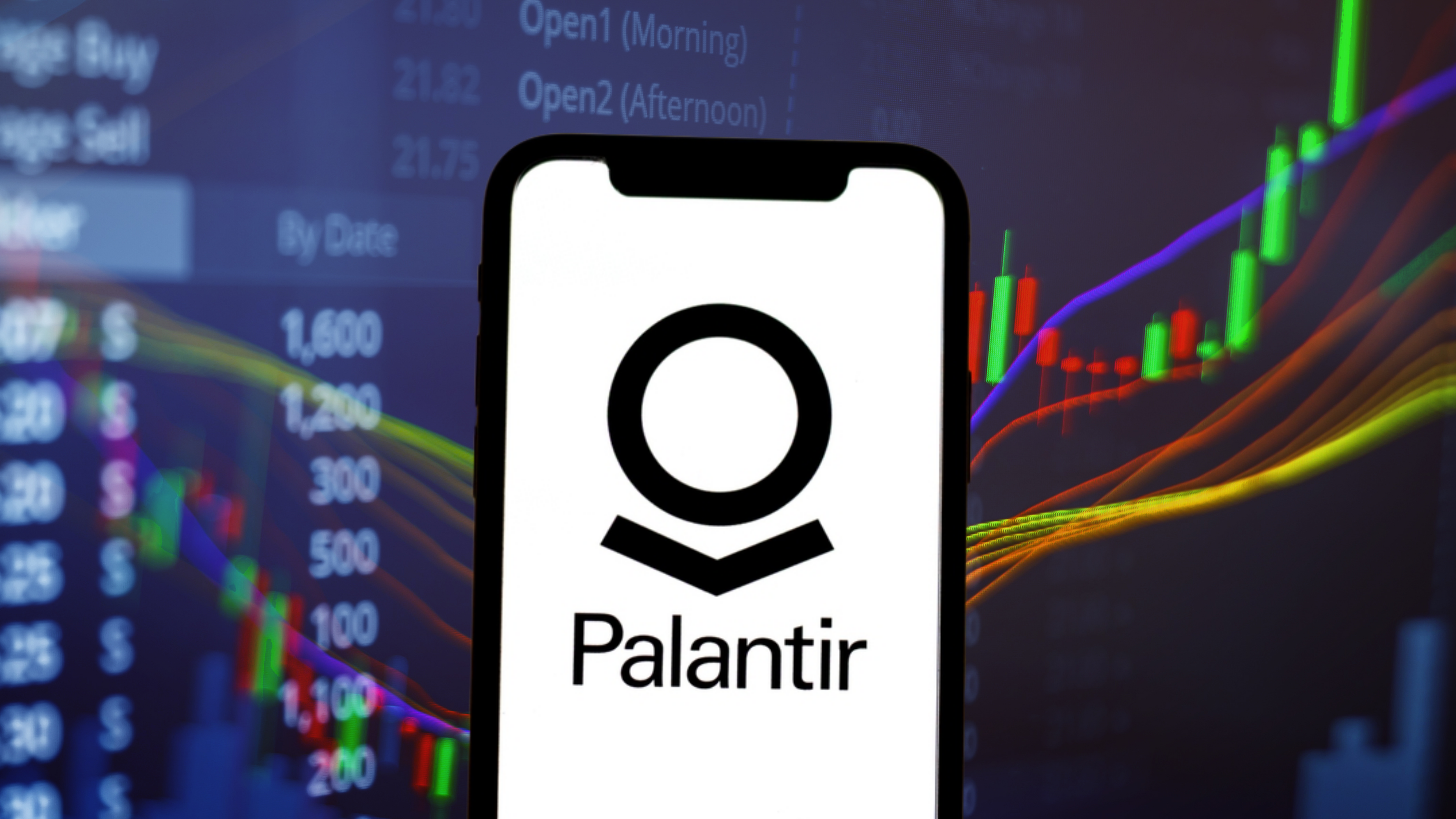 Palantir logo on smartphone with stock chart background