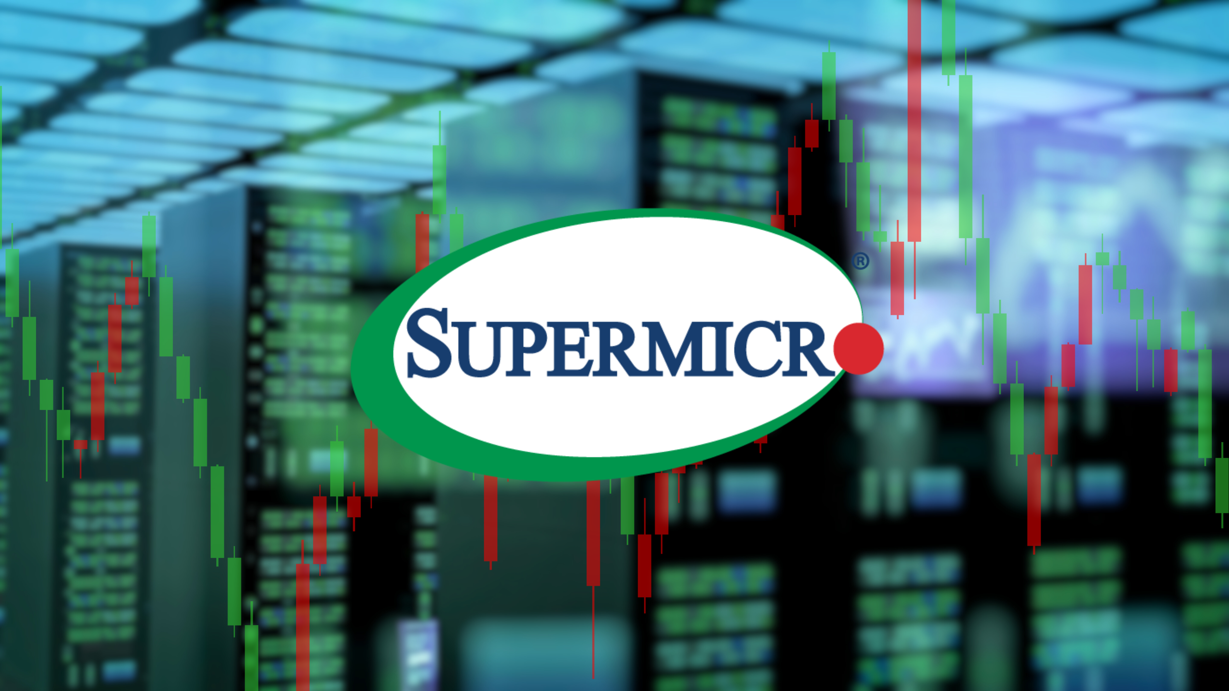 Super Micro Computer logo over data center background with stock chart overlay