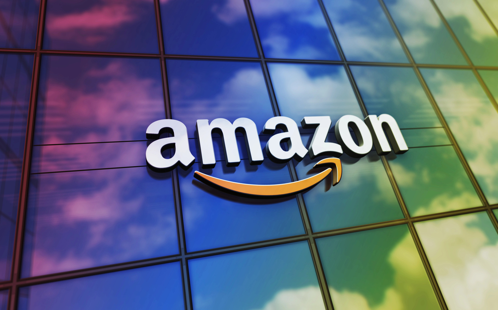 Amazon logo on rainbow hued glass building