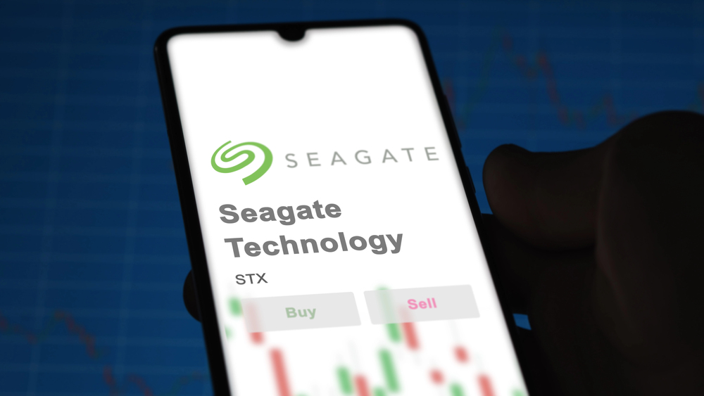 Dublin, Ireland. Close up on logo of Seagate Technology on the screen of an exchange. Seagate Technology price stocks, $STX on a device.