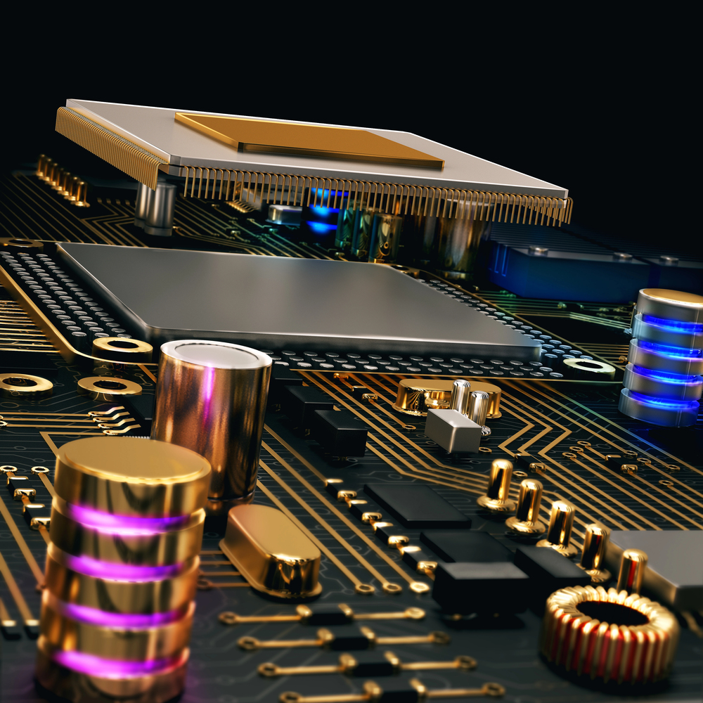 Close-up of a metallic microchip and gold circuit board components with blue lighting accents.