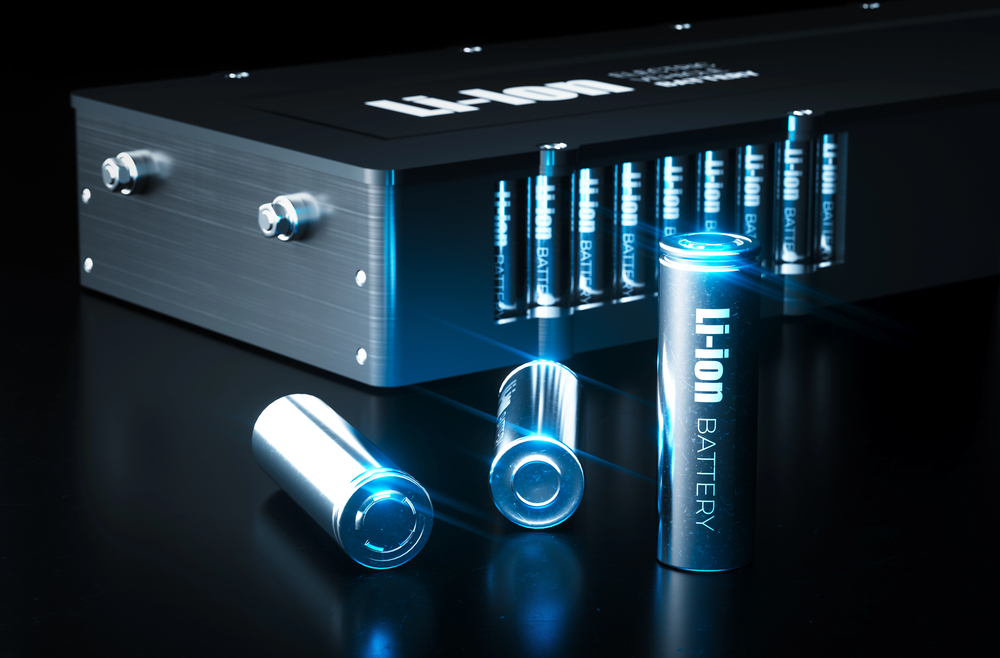 Modern lithium ion battery technology concept. Metal Li-Ion batt