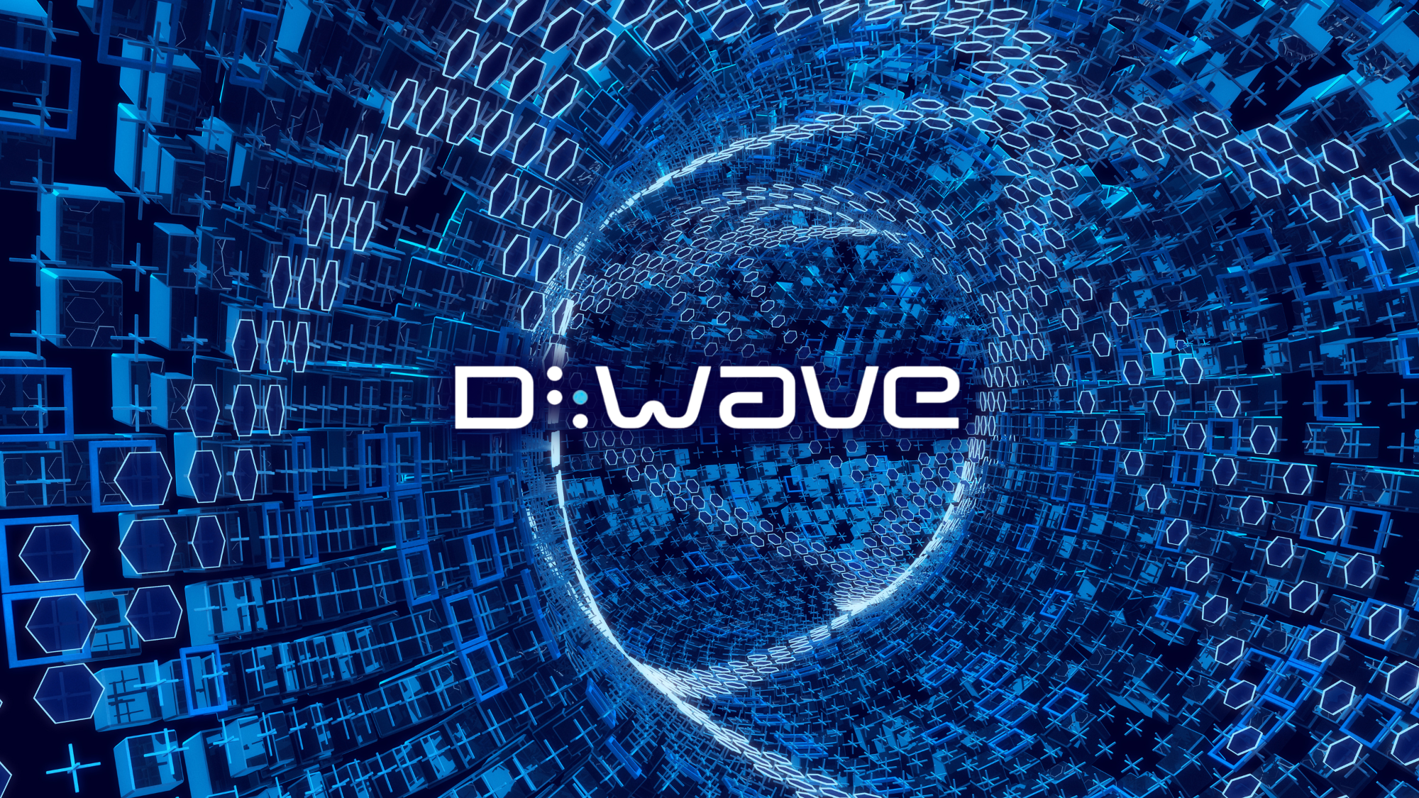 D-Wave logo in front of quantum computing background.