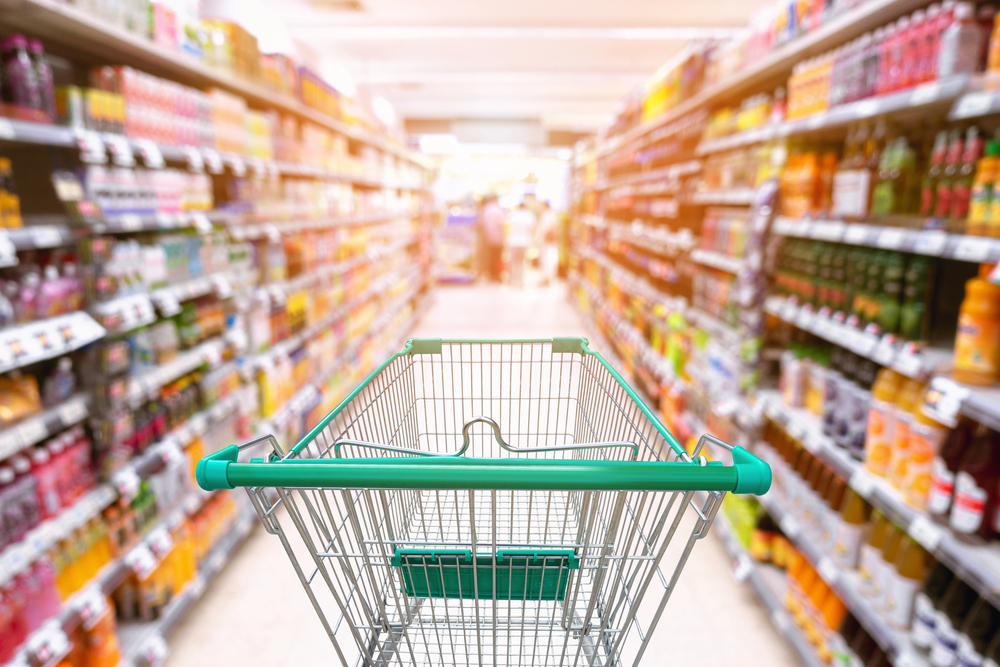 Supermarket interior and storage shelf, shopping concept.