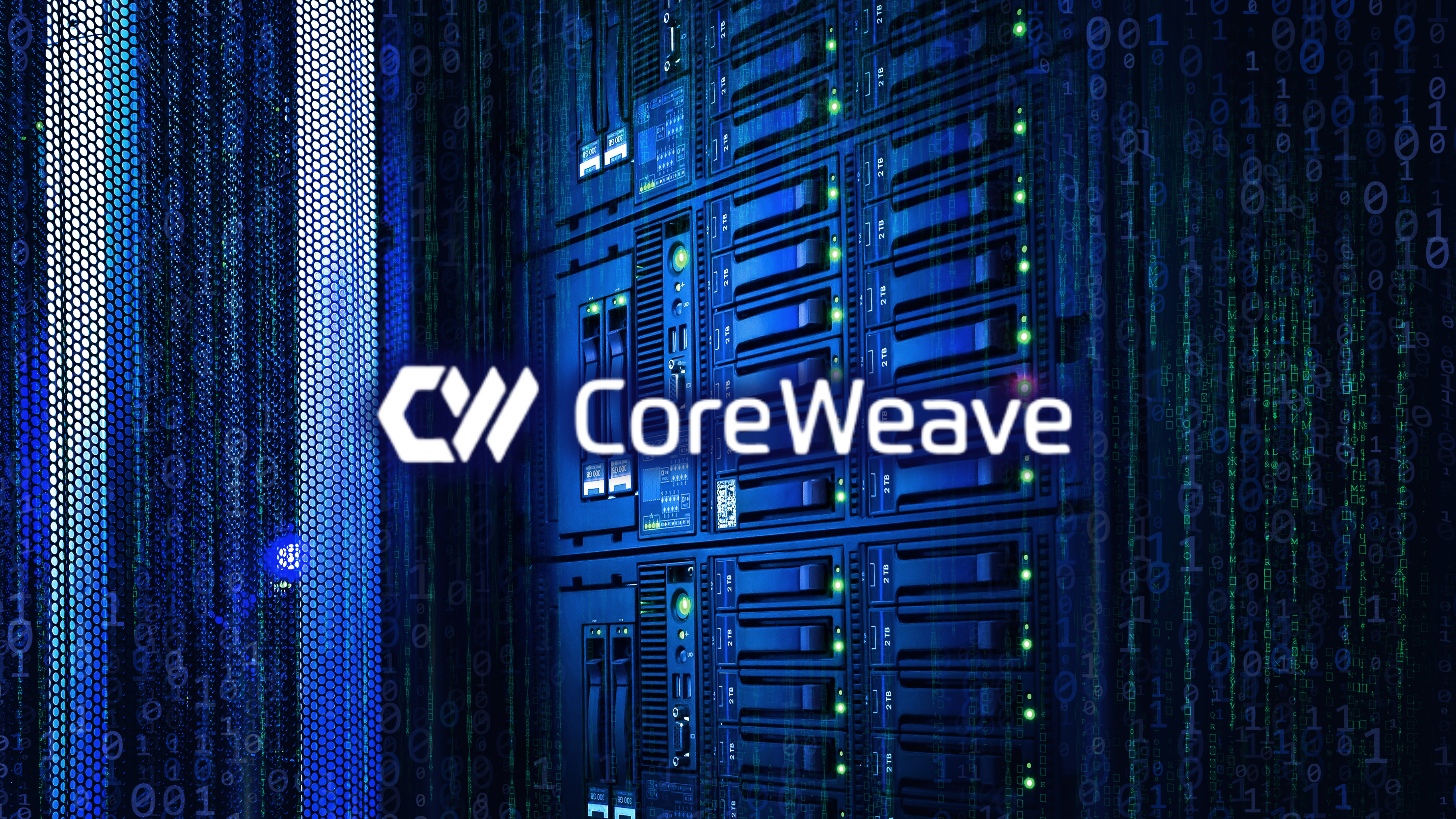 CoreWeave logo over data storage system.
